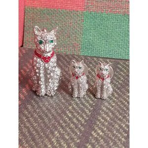 Cat Rhinestone Jewelry Pin + Earrings Silver Tone Red Bow Green Eyes Figurine